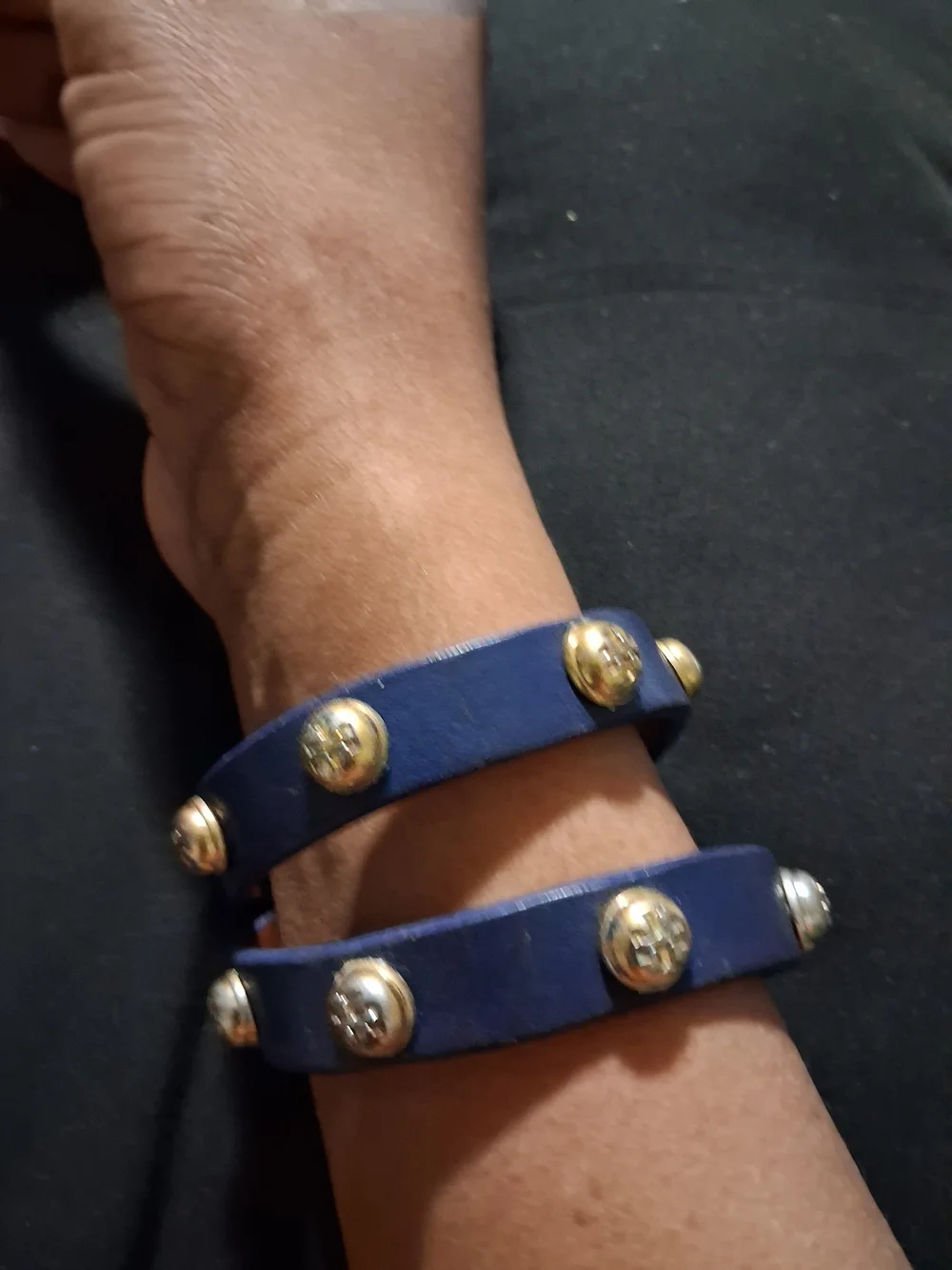 Tory Burch Navy Leather Double-Wrap Stud Bracelet